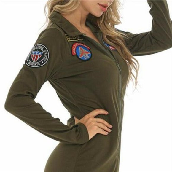 Top Gun Costume Women Maverick Flight Jump Suit Girls Union Green Pilot … - Picture 5 of 9